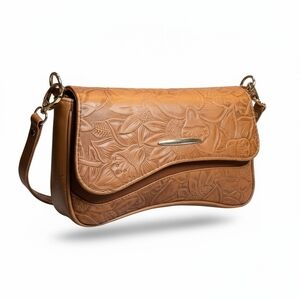 2 Straps Set Brown Embossed Tooled Artisan LEATHER Shoulder Bag Crossbody Purse